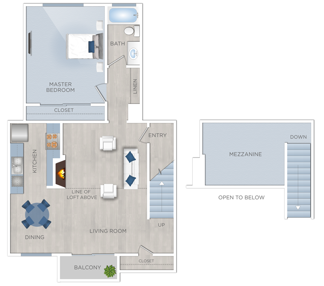 Floor plan for 1 bed, 1 bath, 900 sqft